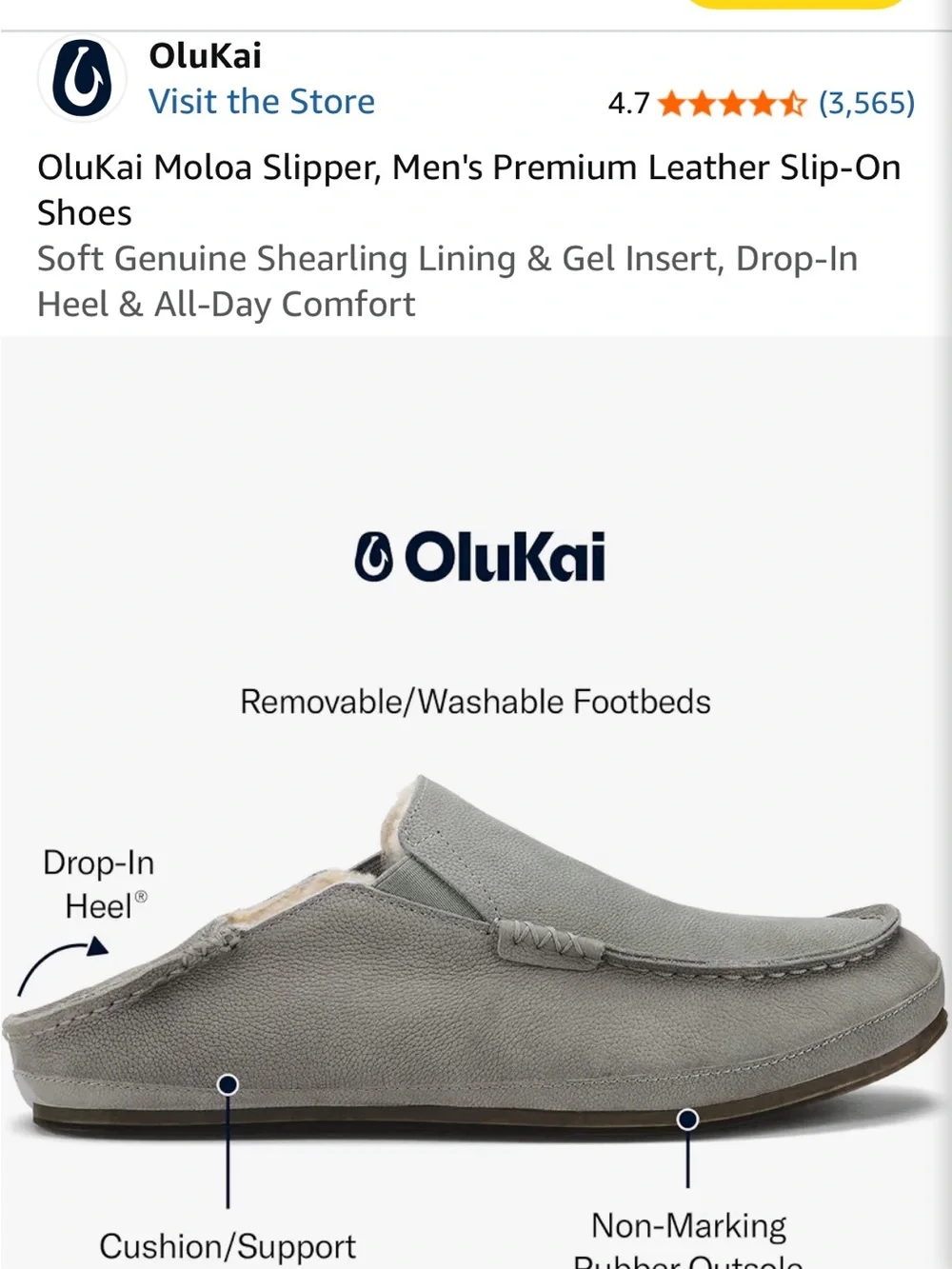 OluKai Moloa Men's Slip-On Loafer in Light Gray with Shearling